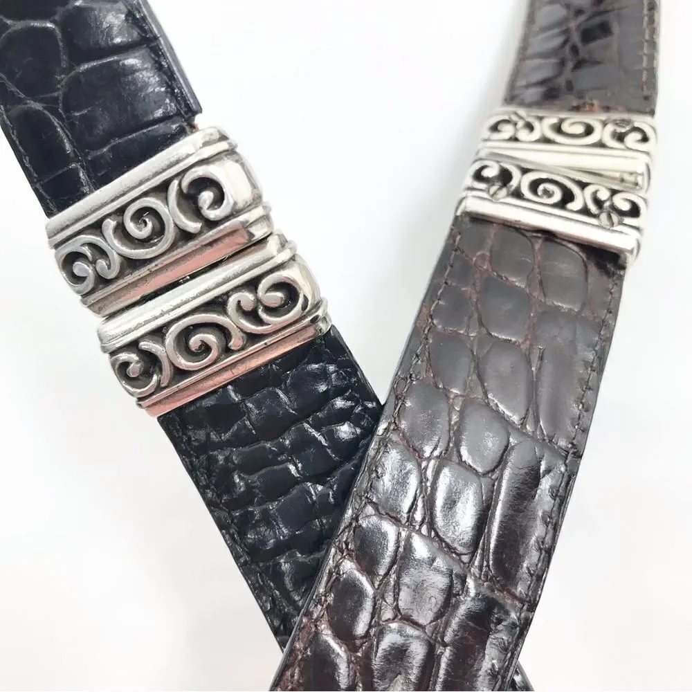 Brighton Black Brown Reptile Embossed Silver Scroll Hardware Reversible Belt